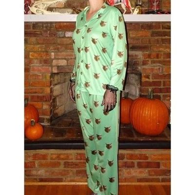 Conjunto de pijama gato irritado verde perfeito calça L botão para cima roupa de dormir pijama gatinho - Imagem 1 de 4