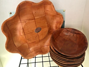 Vint 6" Pressed Wood Salad Bowls Weave Pattern and Checker Ease 10.5" Serv Bowl - Picture 1 of 3