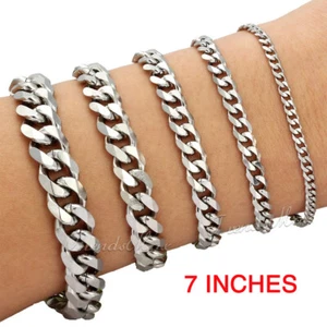 7" Men's Chain 304 Stainless Steel Curb Cuban Link Bracelet BULK 3/5/7/9/11mm  - Picture 1 of 11