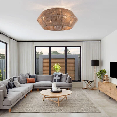 Boho Ceiling Fan Rattan Caged Flush Mount Fan Light +Remote Control Ceiling Fan - Image 1 of 4