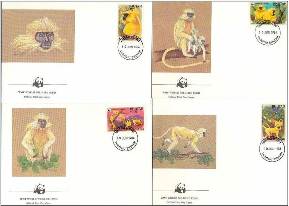 Bhutan 1984  ☀ W.W.F. - Fauna Monkeys Golden Langur ☀ 4x FDC - Image 1 of 1