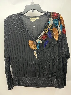 70’ 80’s Stunning JAZ Sequin Beaded 100% Silk Retro Disco Blouse Top L Batwing - Image 1 of 4