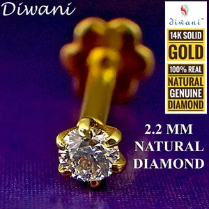 2.2mm Natural i Diamond Engagement Nose Lip Labret Screw Stud Piercing Pin 14K - Picture 1 of 12