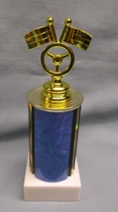 checkered flag racing blue column marble base car show award participant - Picture 1 of 1