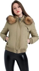 PakaPajar Silm Womens Down Jacket Puffer Coat w Removable hood SZ L Khaki Mink - Picture 1 of 6