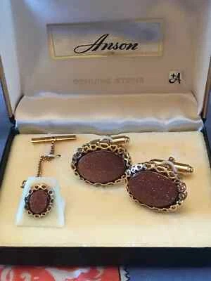Juego de gemelos y pasadores de corbata de piedra Anson Gold vintage con caja original Foto 1 de 4