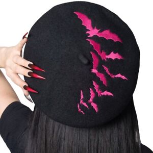 Kreepsville 666 Gothic Horror Punk Y2K Emo Goth Bat Repeat Pink Black Beret Hat