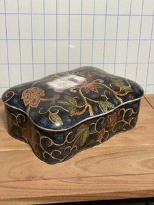 Oriental Accent Rectangle Jar Box Red Flower Blue Box With Yellow Stems. - Picture 1 of 9