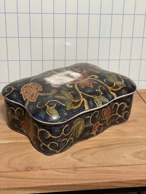 Oriental Accent Rectangle Jar Box Red Flower Blue Box With Yellow Stems. - Image 1 of 4