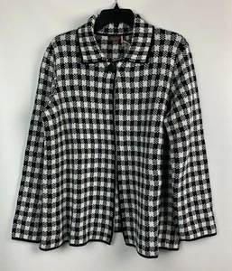 Bianca G. Cardigan Black White Checkered Collared Top Button Wool Blend Sz L NEW - Picture 1 of 9