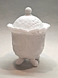 Milk Glass - Footed, lidded Jar, Floral Design by Westmoreland - Picture 1 of 5