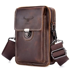 BAIGIO Retro Men Messenger Shoulder Bag Real Leather Crossbody Waist Belt Pack - Picture 1 of 10