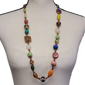 Colorful Art Glass Beaded Necklace 33" Lampwork Floral Eclectic Funky Chunky - Picture 1 of 11