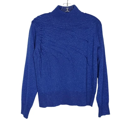 Womens Mock Neck Sweater L Blue Metallic Embroidered Beaded Party Holiday - Image 1 of 4