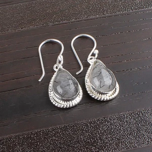 Natural Black Rutile Gemstone 925 Sterling Silver Jewelry Elegant Earrings 1.40" - Picture 1 of 6