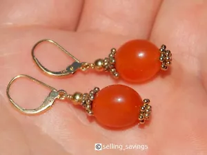 14K YELLOW GOLD CARNELIAN BYZANTINE 1.5 INCH LEVERBACK DROP EARRINGS 6.2 GRAMS - Picture 1 of 10