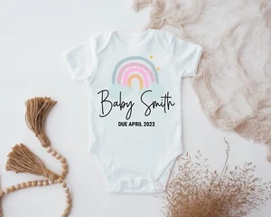 Personalised Baby Surname due date, unisex Baby Vest, Cute Rainbow Baby Shower - Picture 1 of 2