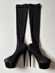 ELLIE Black Stiletto Stretch Lycra Thigh High Boot Size 6 - Picture 1 of 12