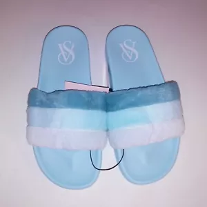 Sandalias Victoria Secret Slides Piel a Rayas Azules Difusa Puntera Abierta Nuevas - Imagen 1 de 7