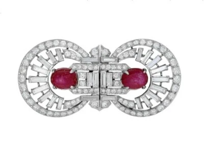 Art Deco Style Double Clip Brooch Pin With 17.66 TCW Red Ruby & White Sapphire - Image 1 of 4