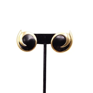 Monet Clip On Earrings Gold Tone Black Enamel Swirl Vintage Statement - Picture 1 of 6