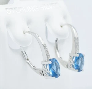 LAB CREATED 2.36 Cts BLUE TOPAZ & W/SAPPHIRE DANGLING EARRINGS .925 Silver - NWT - Picture 1 of 3
