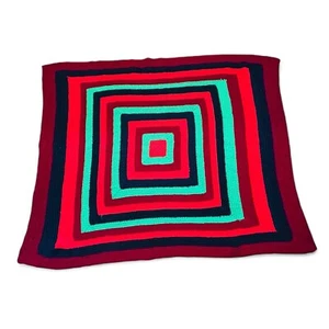 Crocheted Afghan Throw Blanket Squares Maroon Red Green Blue Couch Bed Handmade - Picture 1 of 11