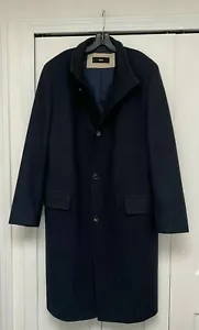Hugo Boss Blue Black Logo Buttons Stand Collar Wool Top Coat 46 48 - Picture 1 of 6