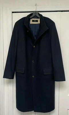 Hugo Boss Blue Black Logo Buttons Stand Collar Wool Top Coat 46 48 - Image 1 of 4
