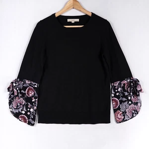 LOFT Sweater Womens Small Black Pullover Lightweight Floral Split Cuffs - Picture 1 of 8