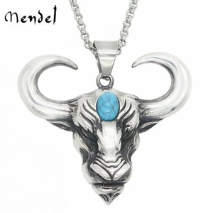 MENDEL Mens Womens Taurus Zodiac Cow Bull Head Turquoise Pendant Necklace Chain - Picture 1 of 5
