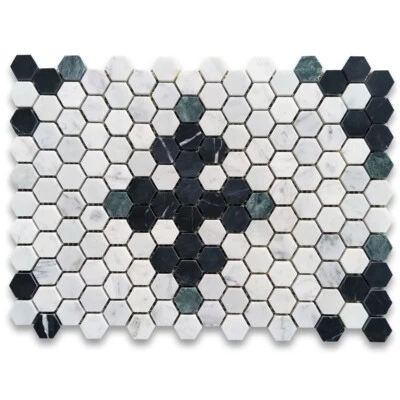 C31F71XH Carrara White Marble Hexagon Starlight Mosaic Tile Black Green Honed - Image 1 of 4