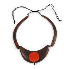 Statement Wooden Bib Style Necklace with Orange Ceramic Bead - Adjustable