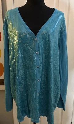 Quacker Factory Womens Cardigan Sweater 2X Blue Sequin Embellished Button Up - Image 1 of 4