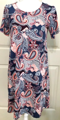 NUEVO CON ETIQUETAS Vestido New Directions Talla S Blanco Coral Azul Manga Corta Slinky Línea A Foto 1 de 4