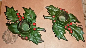 Vintage Christmas Cast Iron Holly Berry Candle Holders Pair - Bild 1 von 2