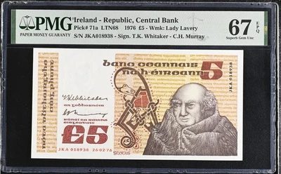 IRELAND 5 Pounds 1976 (26.02.76), P-71a, PMG 67 EPQ Superb Gem UNC, 2nd Finest - Image 1 of 2