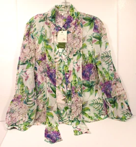 - Neu mit Etikett LILYSILK Bluse Button Down Hemd Blumen 100 % Seide halbtransparent + Schal Gr. M - Bild 1 von 5