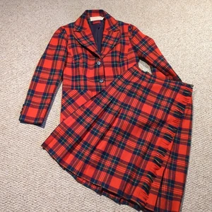 Vintage Pendleton Blazer Gonna Avvolgente Tuta Set Donna 8 Rosso Tartan Plaid Frange - Foto 1 di 8