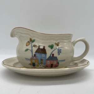 Vintage Heartland International Stoneware Japan Gravy Boat & Saucer 7774 Country - Picture 1 of 12
