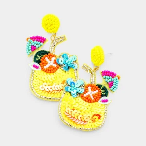 NEW Fruity Tropical Cocktail Drink w/ Umbrella Yellow Sequin Seed Bead Earrings  - Picture 1 of 1