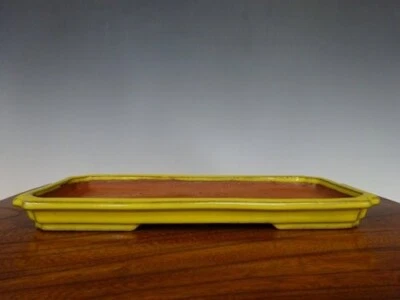 Japanese TOKONAME bonsai pot EIMEI signed Yellow glaze Shallow Rctgl w8.8" *1874 - Image 1 of 4