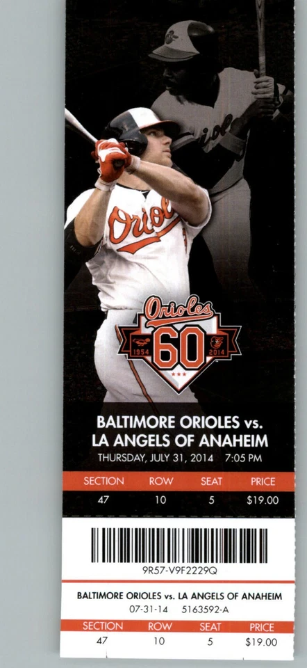 Los Angeles Angels vs Baltimore Orioles 7/31/2014 Full Ticket - Eddie Murray - Image 1 of 1