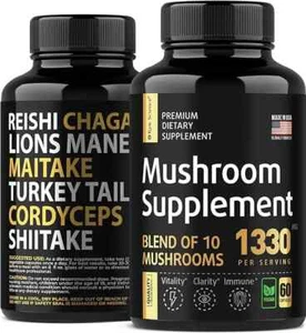10x Blend Mushroom Complex w/ Chaga, Reishi, Lions Mane, Cordyceps, 60 Capsules - Picture 1 of 7