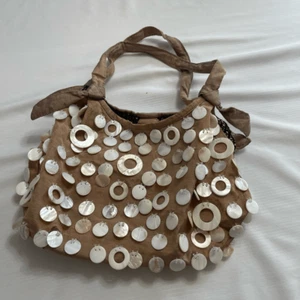 Mod Design Silk Beaded Mother Of Pearl Natural Horn Shell Art To Wear Purse - Picture 1 of 12