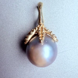 14k Solid Yellow Gold 11.5mm Tahitian Gray Pearl Starfish Bale Pendant Necklace - Picture 1 of 9