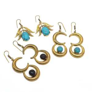 Bulk Sale !! Turquoise Earrings Lot Of 3 Pair Brass Plated Women's Jewelry E361 - Picture 1 of 5