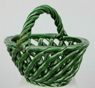 Handmade Woven Pottery Green Oval Basket W/Twisted Handle 4" Tall Unused   - Image 1 of 4