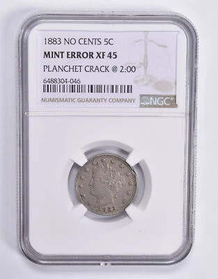MINT ERROR XF45 1883 Liberty V Nickel No Cents Planchet Crack @ 2:00 NGC *1820 - Image 1 of 3