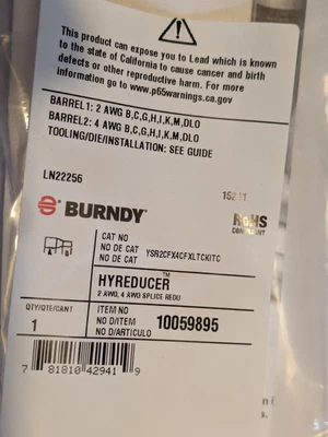 Burndy Hyreducer, 10059895, in-line splice, 2awg to 4awg, YSR2CFX4CFXLTCKITC - Image 1 of 2